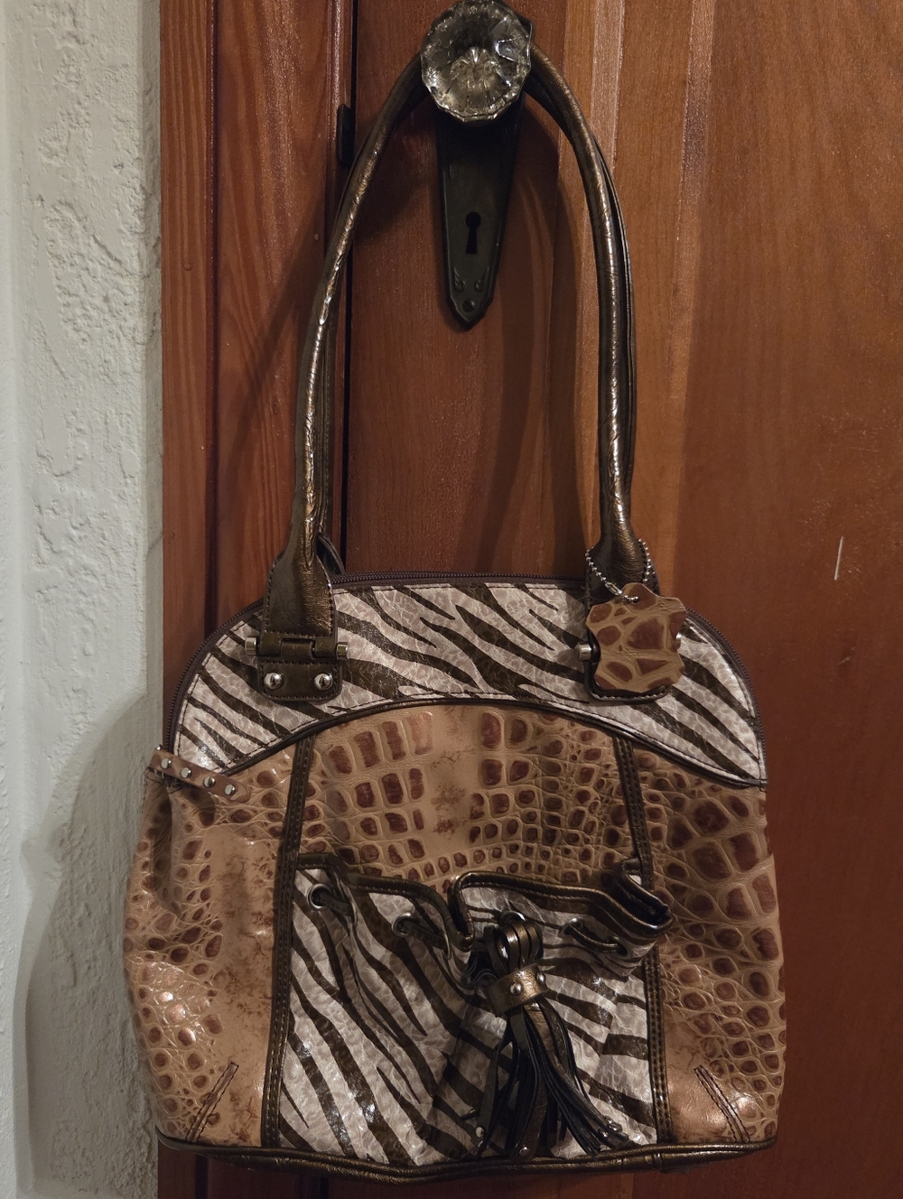 Marc Chantel Handbag 2 Tone Brown Faux Leather Tassel Satchel Y2K Inspired